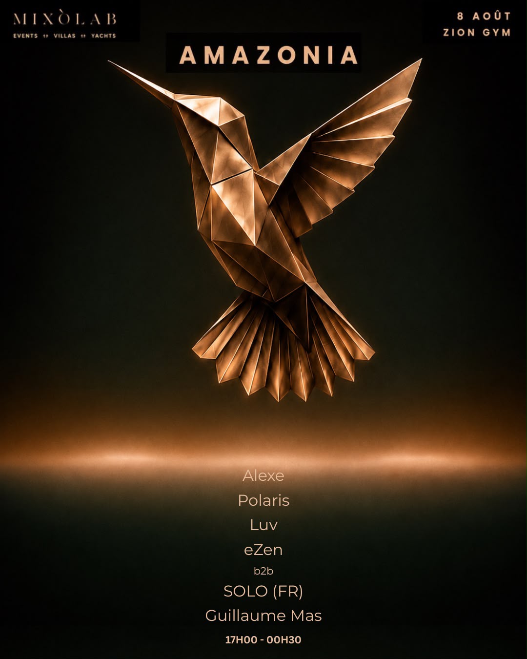 Affiche d’événement SO.LOFR, oiseau doré sur fond noir